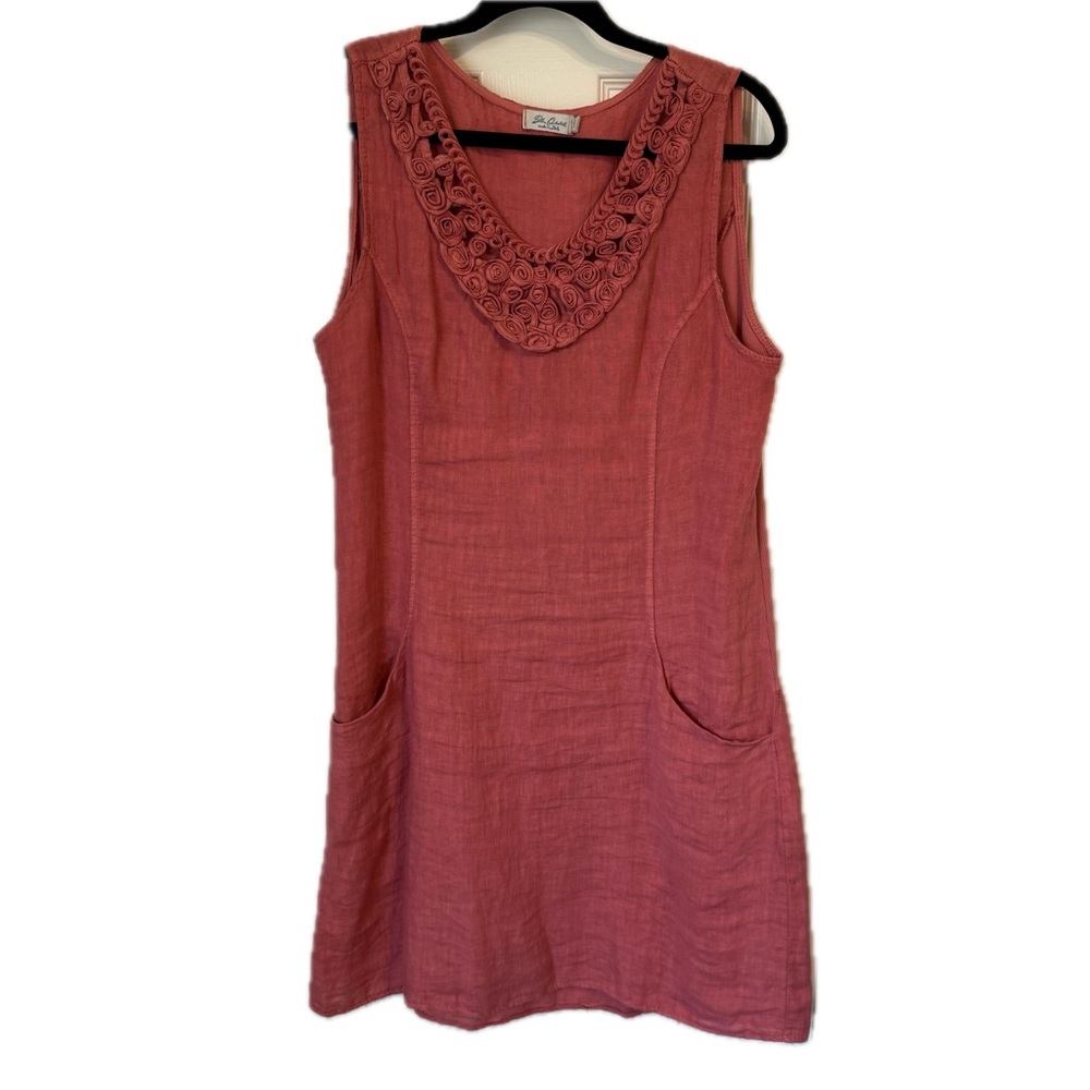 Blu Orchid Coral Pink Italian Linen Rosette Neck Sleeveless Mini Shirt Dress Med